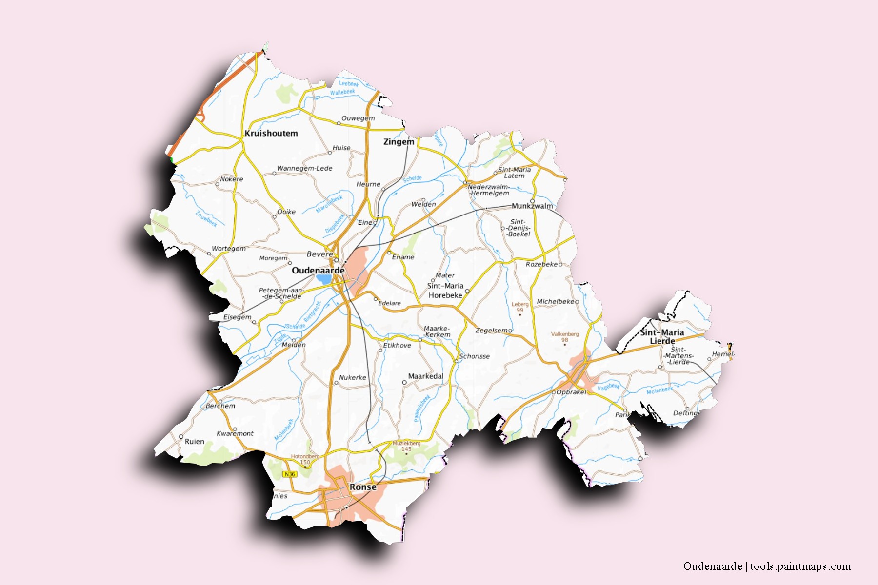 3D gölge efektli Oudenaarde mahalleleri ve köyleri haritası