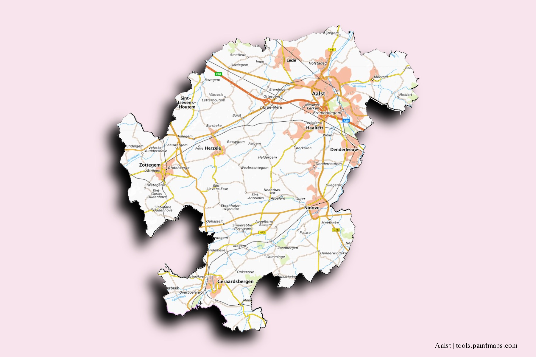 Mapa de barrios y pueblos de Aalst con efecto de sombra 3D