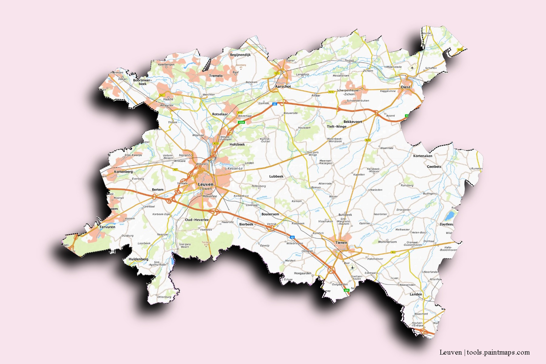 3D gölge efektli Leuven mahalleleri ve köyleri haritası