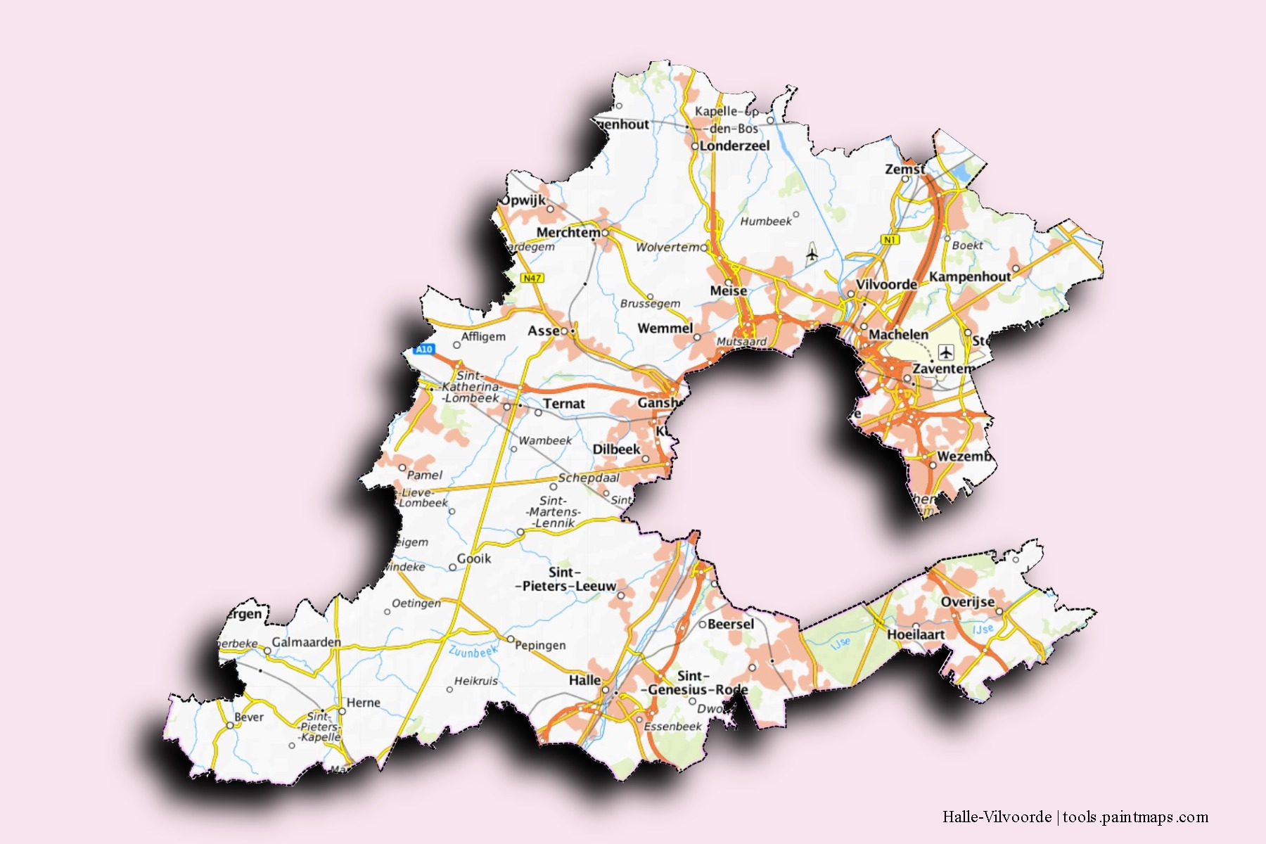 Mapa de barrios y pueblos de Halle-Vilvoorde con efecto de sombra 3D