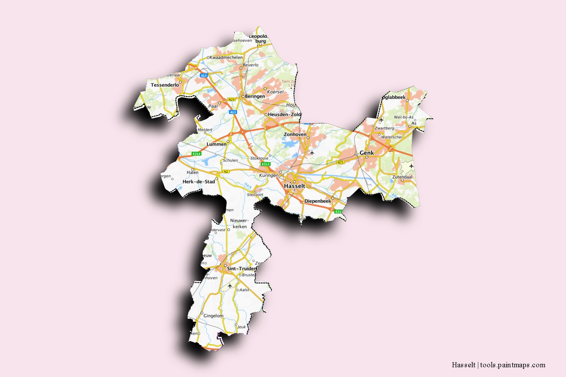 Mapa de barrios y pueblos de Hasselt con efecto de sombra 3D