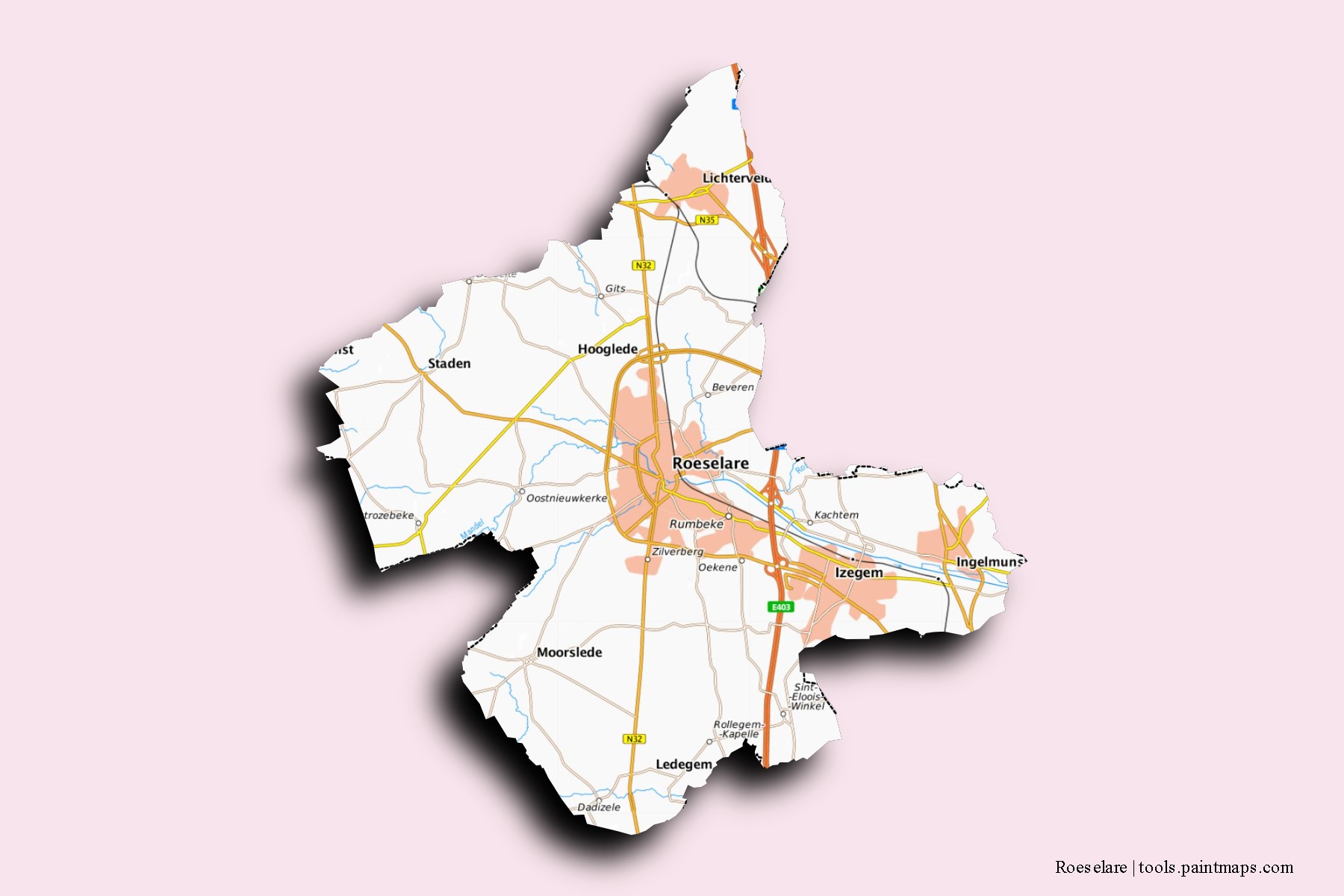 Mapa de barrios y pueblos de Roeselare con efecto de sombra 3D