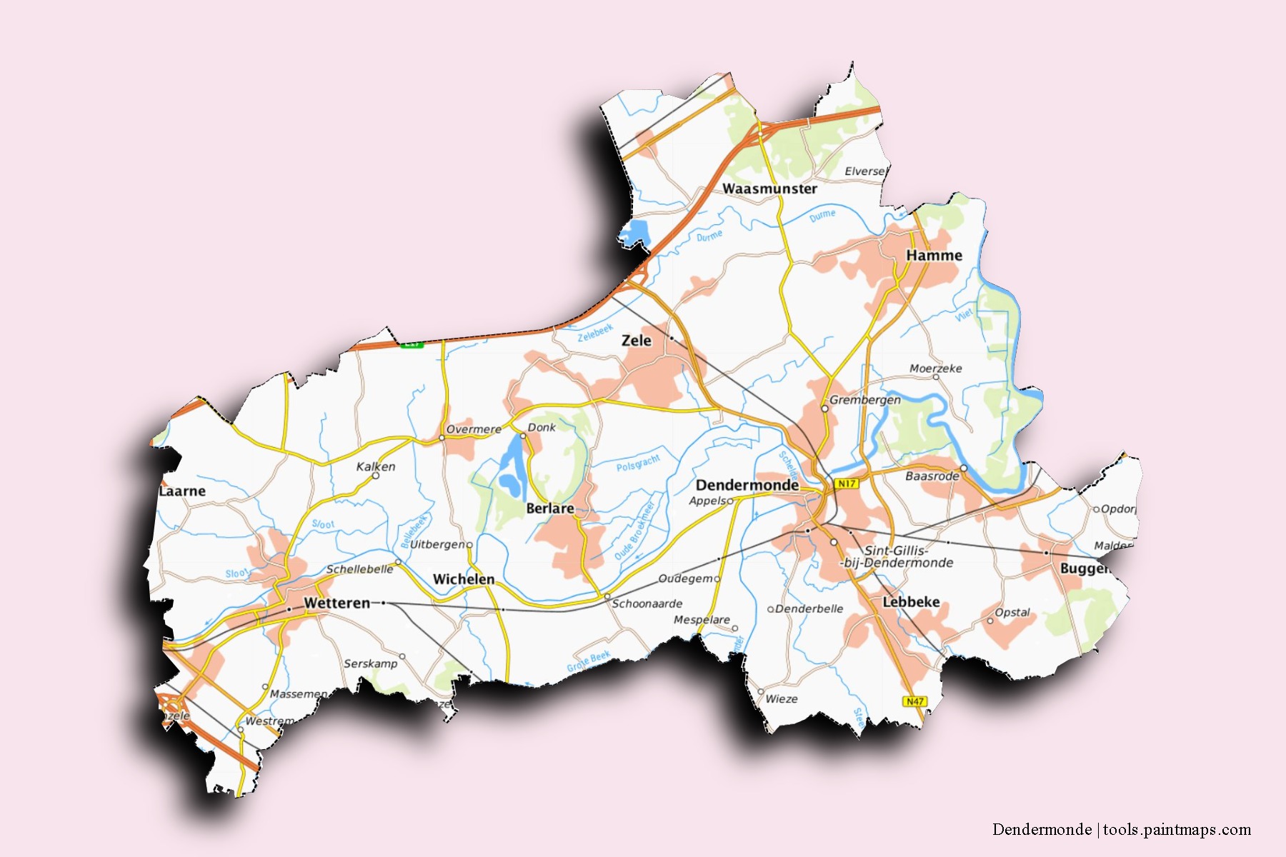 Dendermonde neighborhoods and villages map with 3D shadow effect