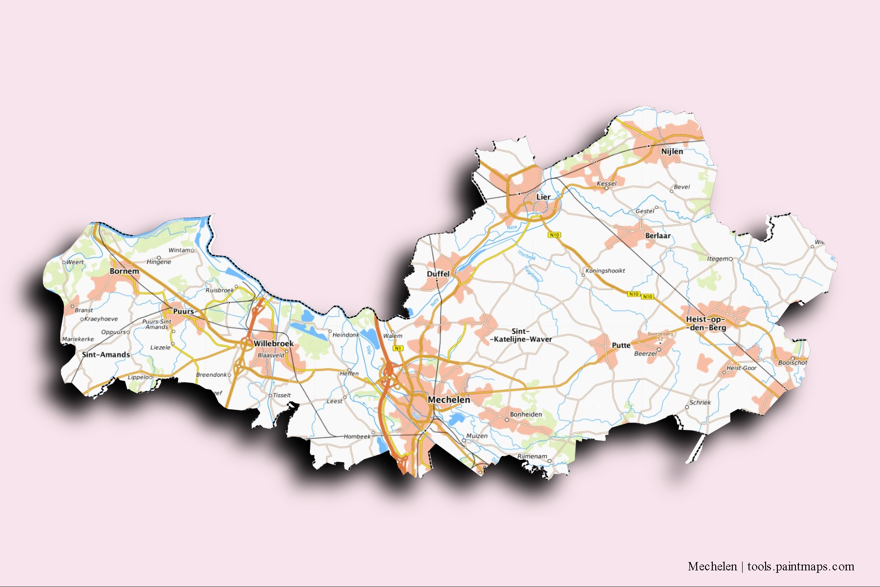 Mechelen neighborhoods and villages map with 3D shadow effect