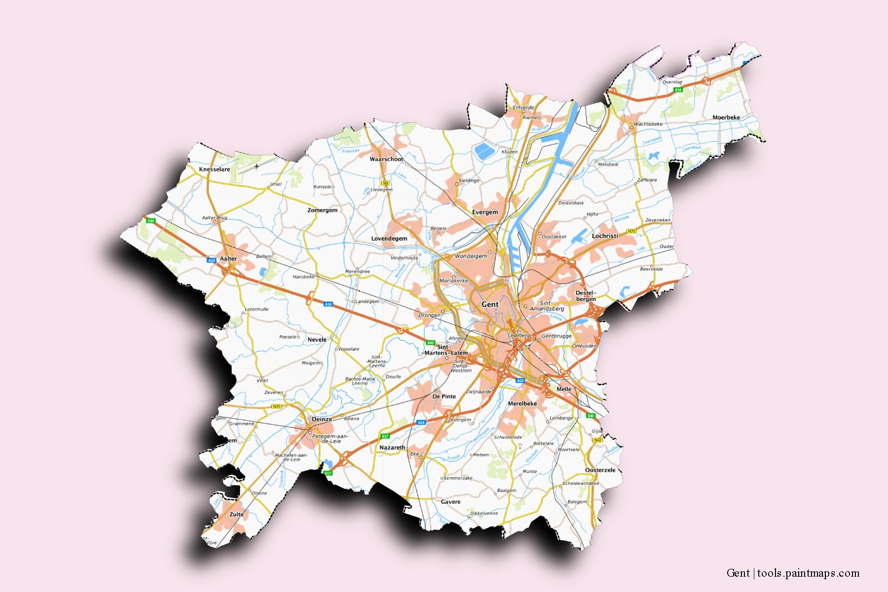 Mapa de barrios y pueblos de Gent con efecto de sombra 3D