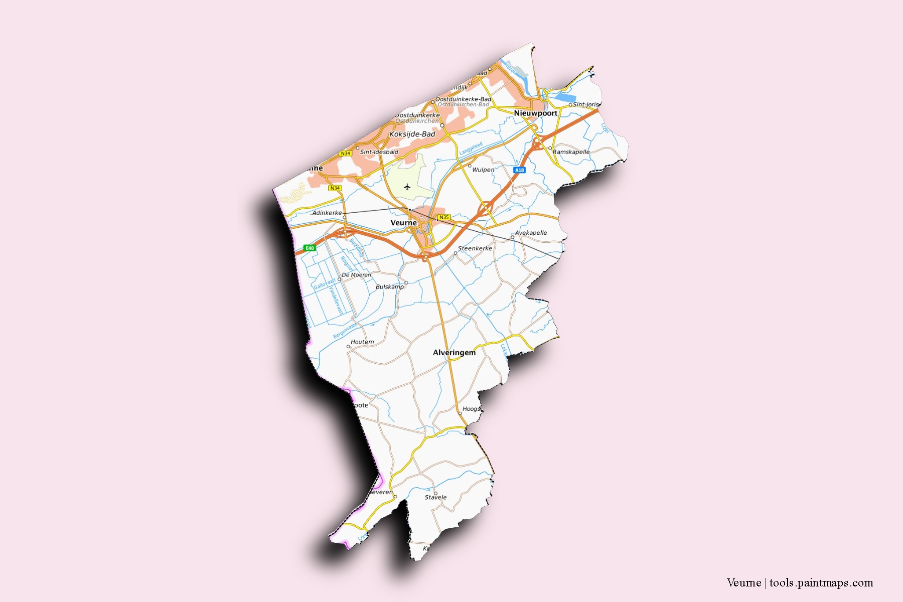 Mapa de barrios y pueblos de Veurne con efecto de sombra 3D