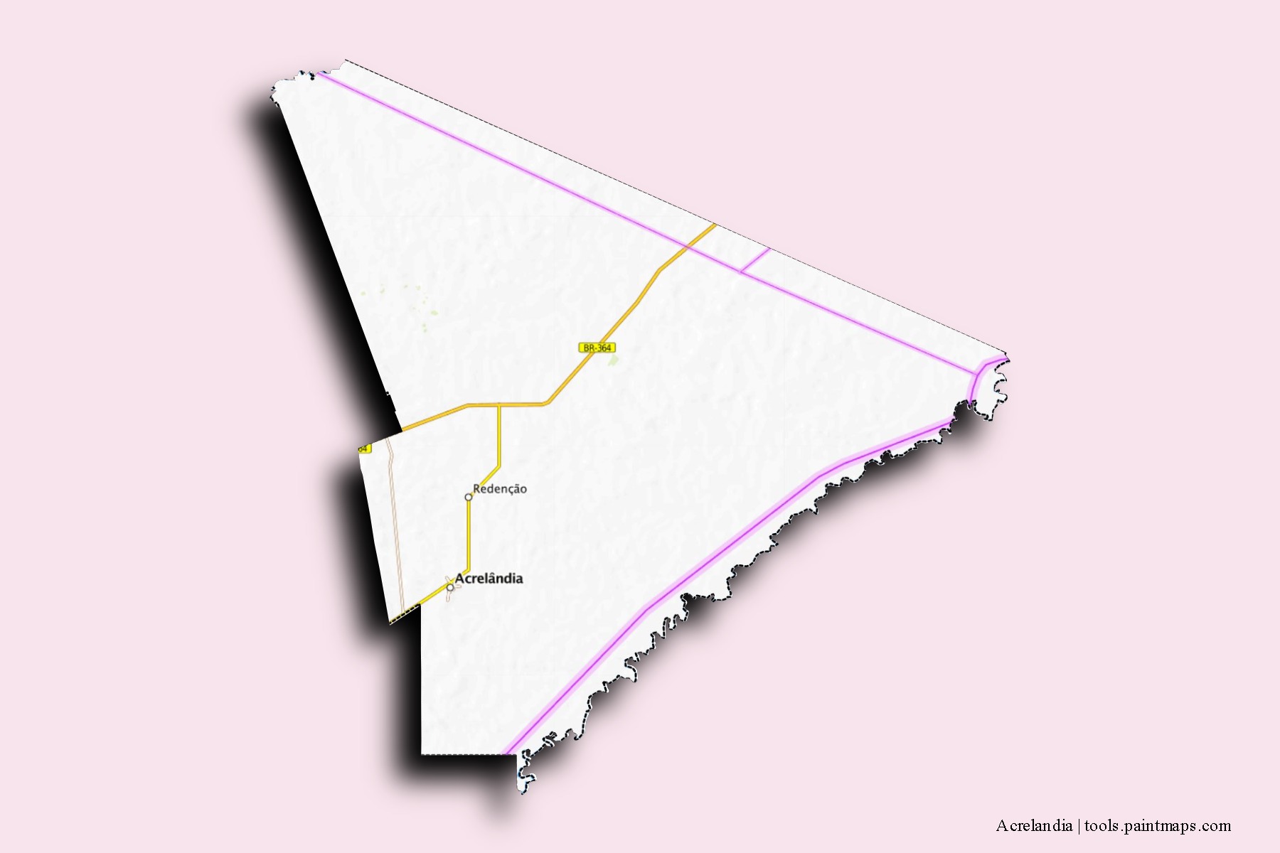 Mapa de barrios y pueblos de Acrelandia con efecto de sombra 3D