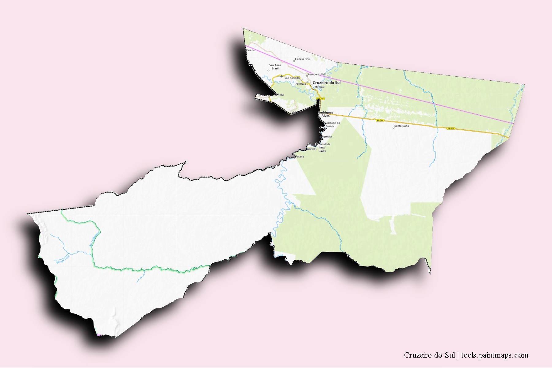 Cruzeiro do Sul neighborhoods and villages map with 3D shadow effect