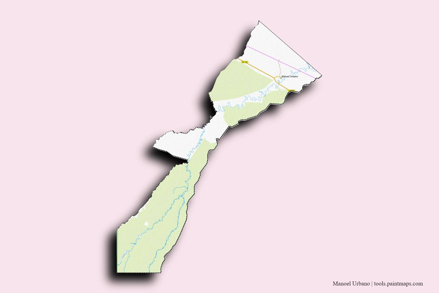 Mapa de barrios y pueblos de Manoel Urbano con efecto de sombra 3D