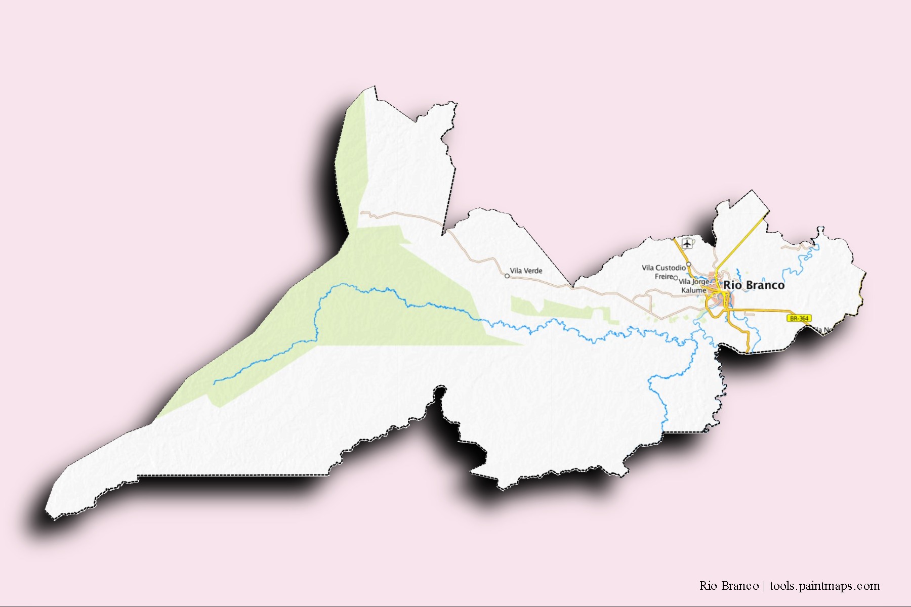 Rio Branco neighborhoods and villages map with 3D shadow effect