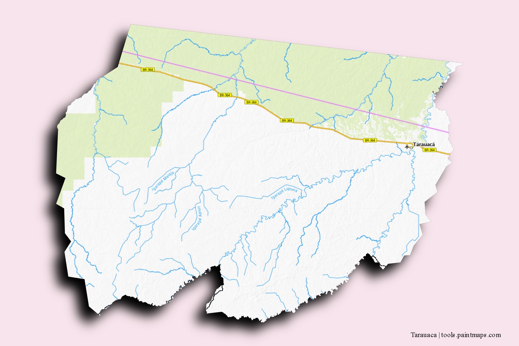 Tarauaca neighborhoods and villages map with 3D shadow effect