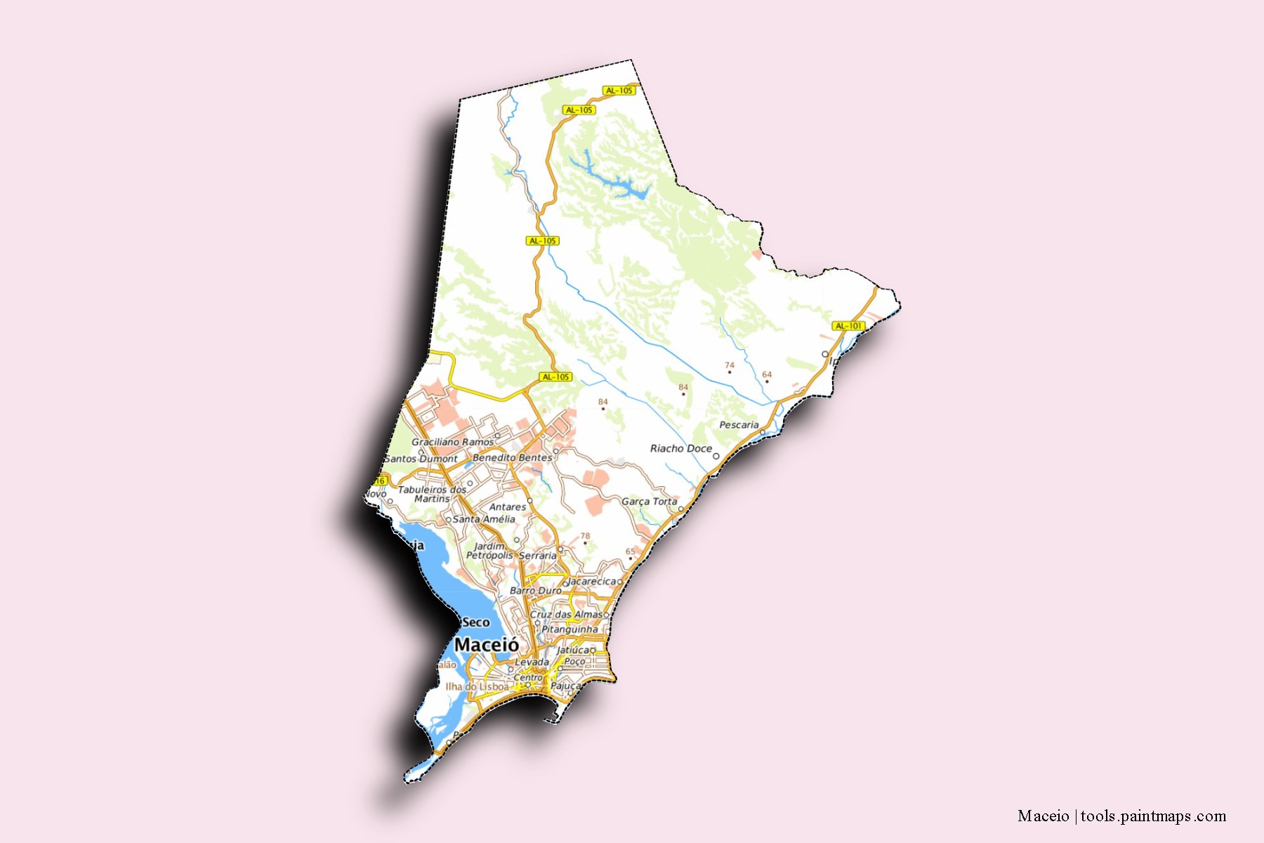 Mapa de barrios y pueblos de Maceio con efecto de sombra 3D