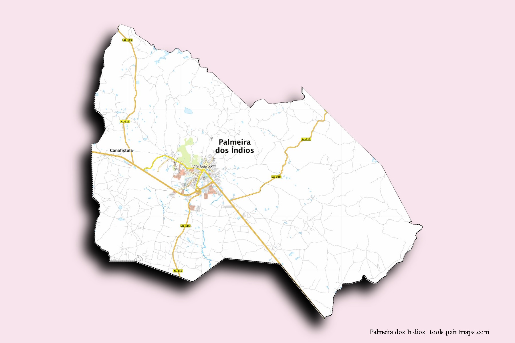 Palmeira dos Indios neighborhoods and villages map with 3D shadow effect