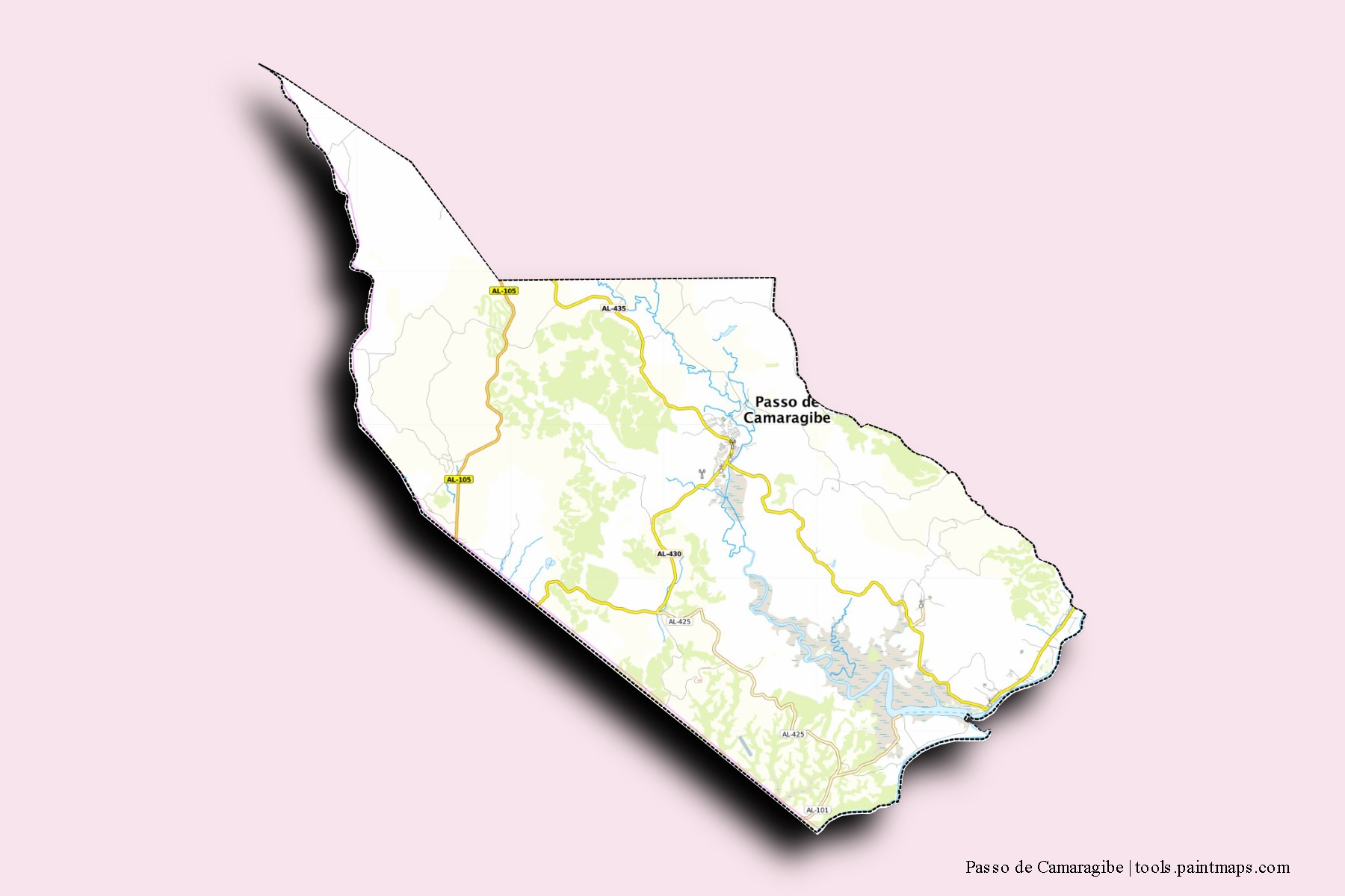 Mapa de barrios y pueblos de Passo de Camaragibe con efecto de sombra 3D