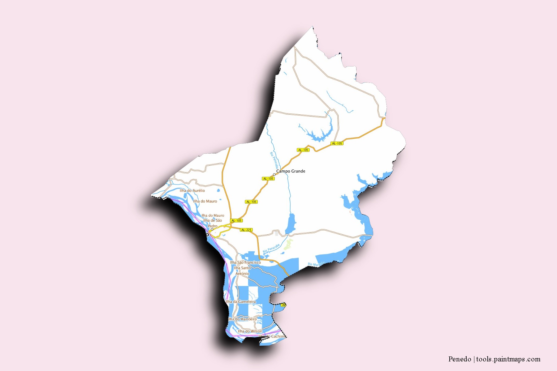 Mapa de barrios y pueblos de Penedo con efecto de sombra 3D