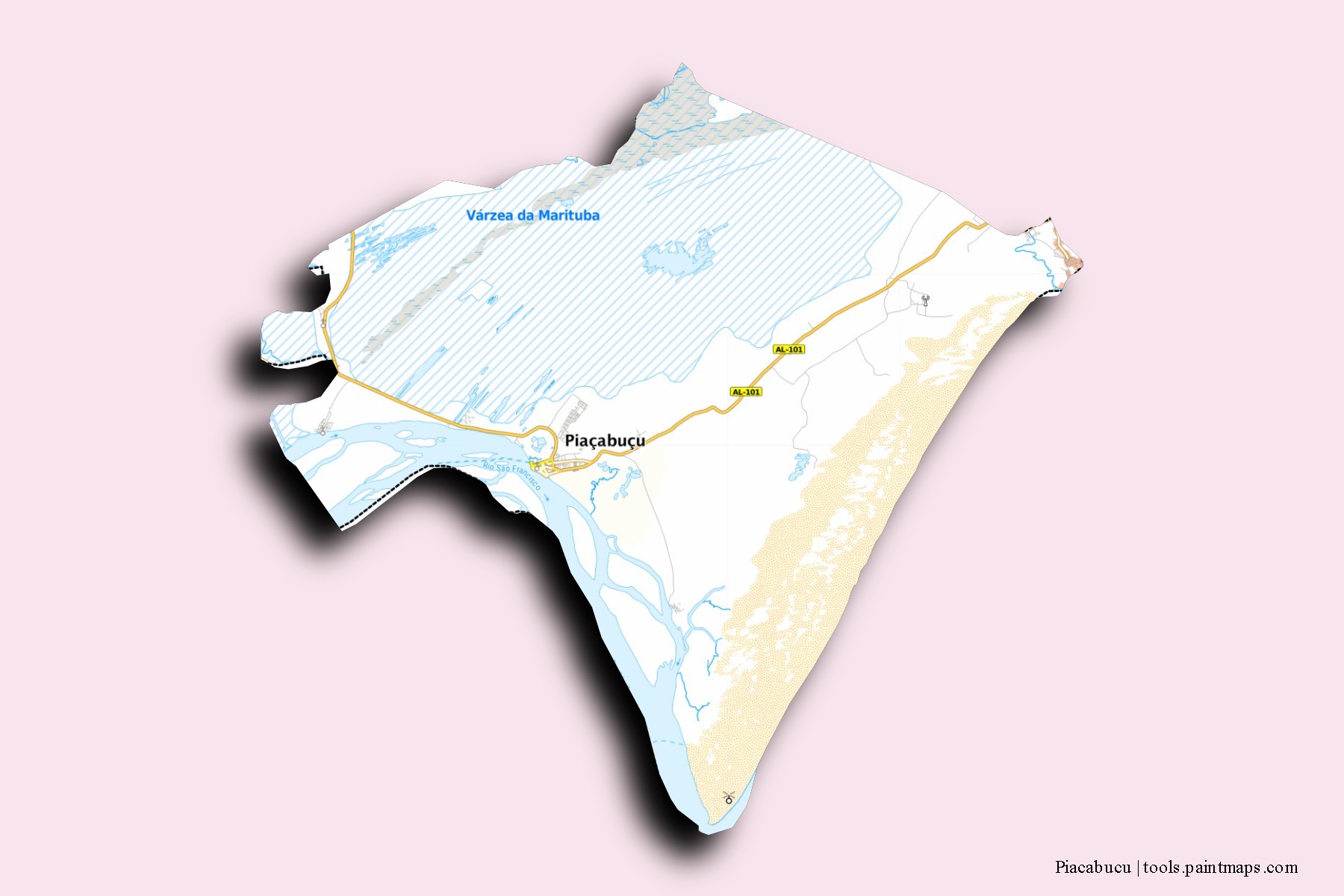 Mapa de barrios y pueblos de Piacabucu con efecto de sombra 3D