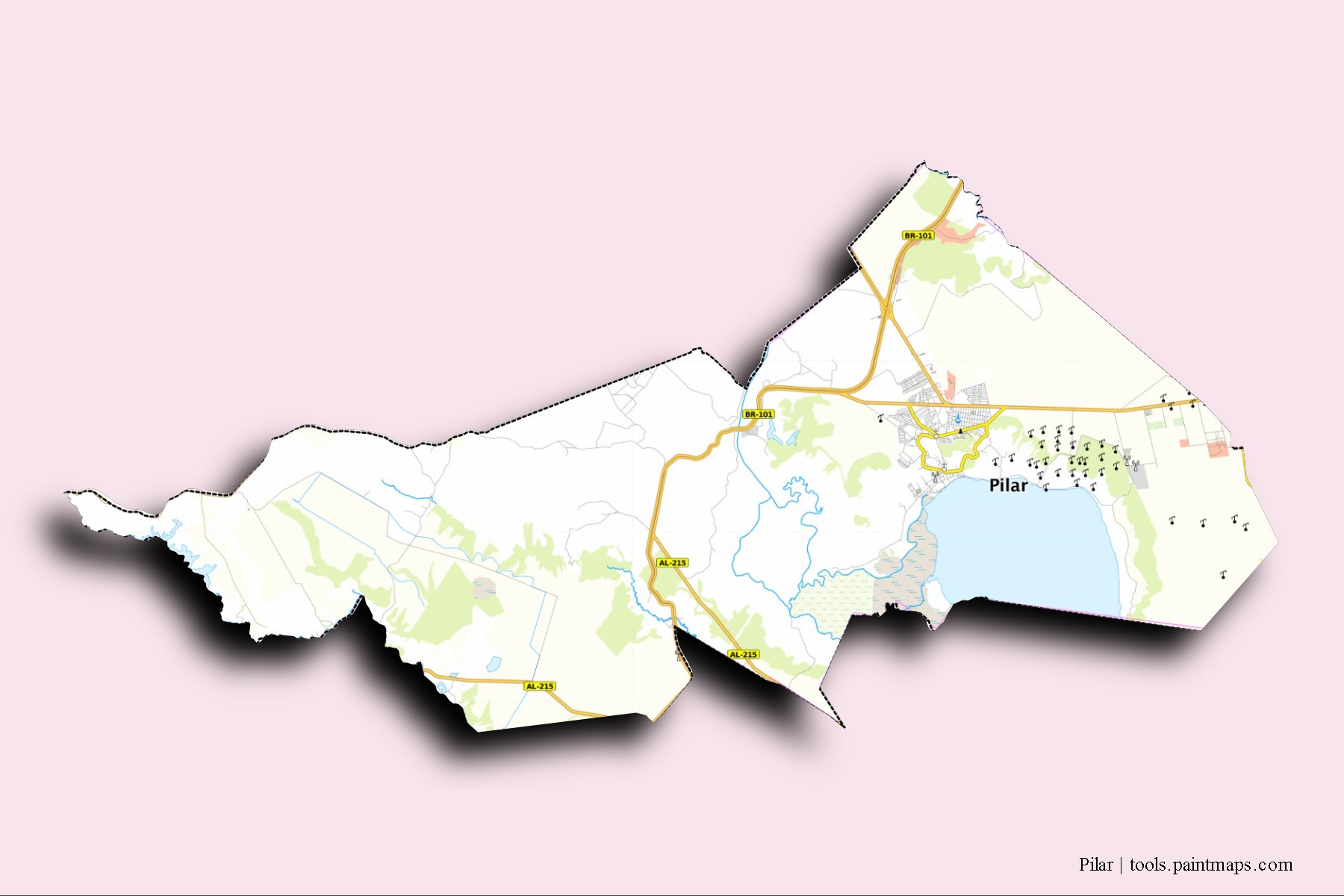 Mapa de barrios y pueblos de Pilar con efecto de sombra 3D