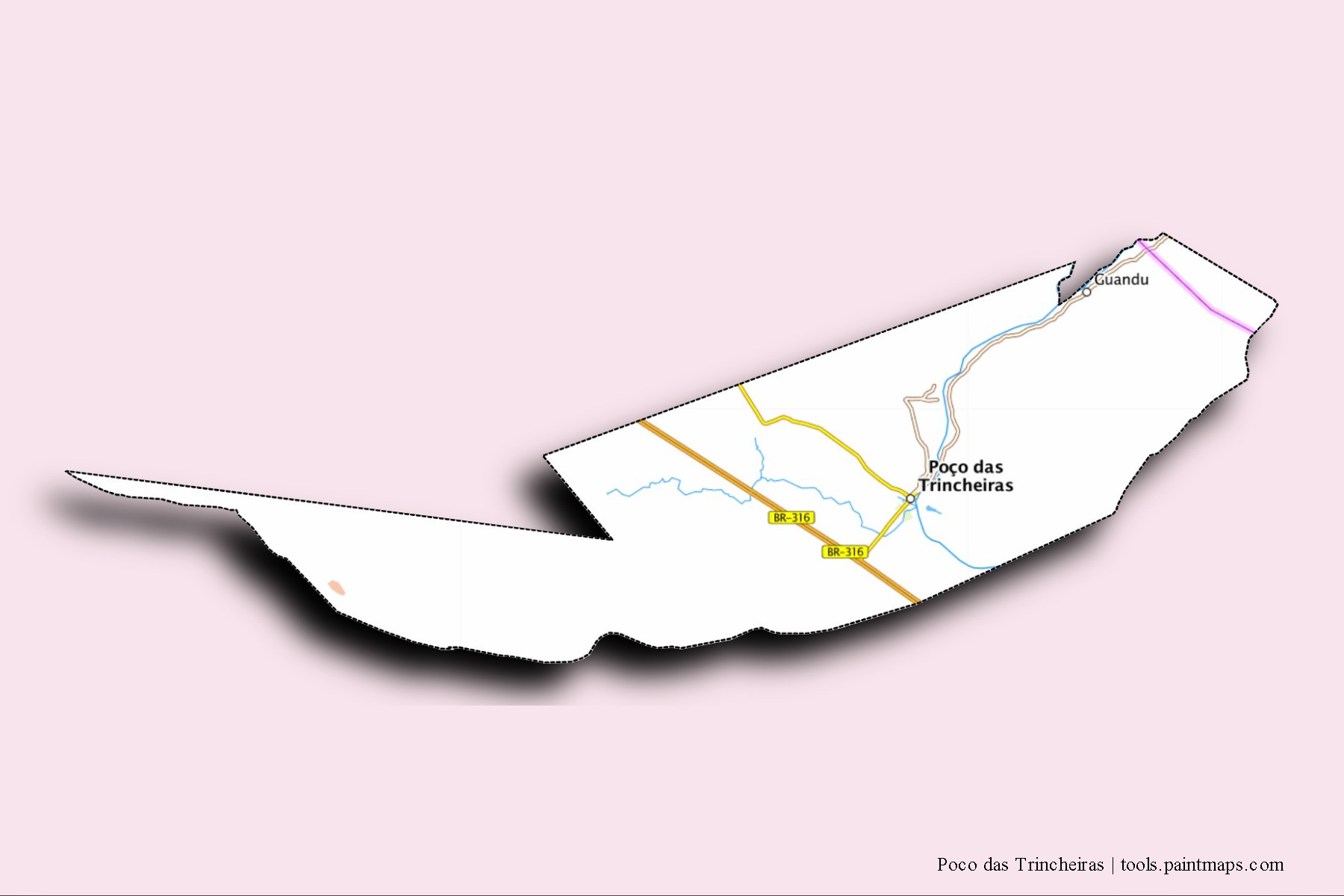 Mapa de barrios y pueblos de Poco das Trincheiras con efecto de sombra 3D