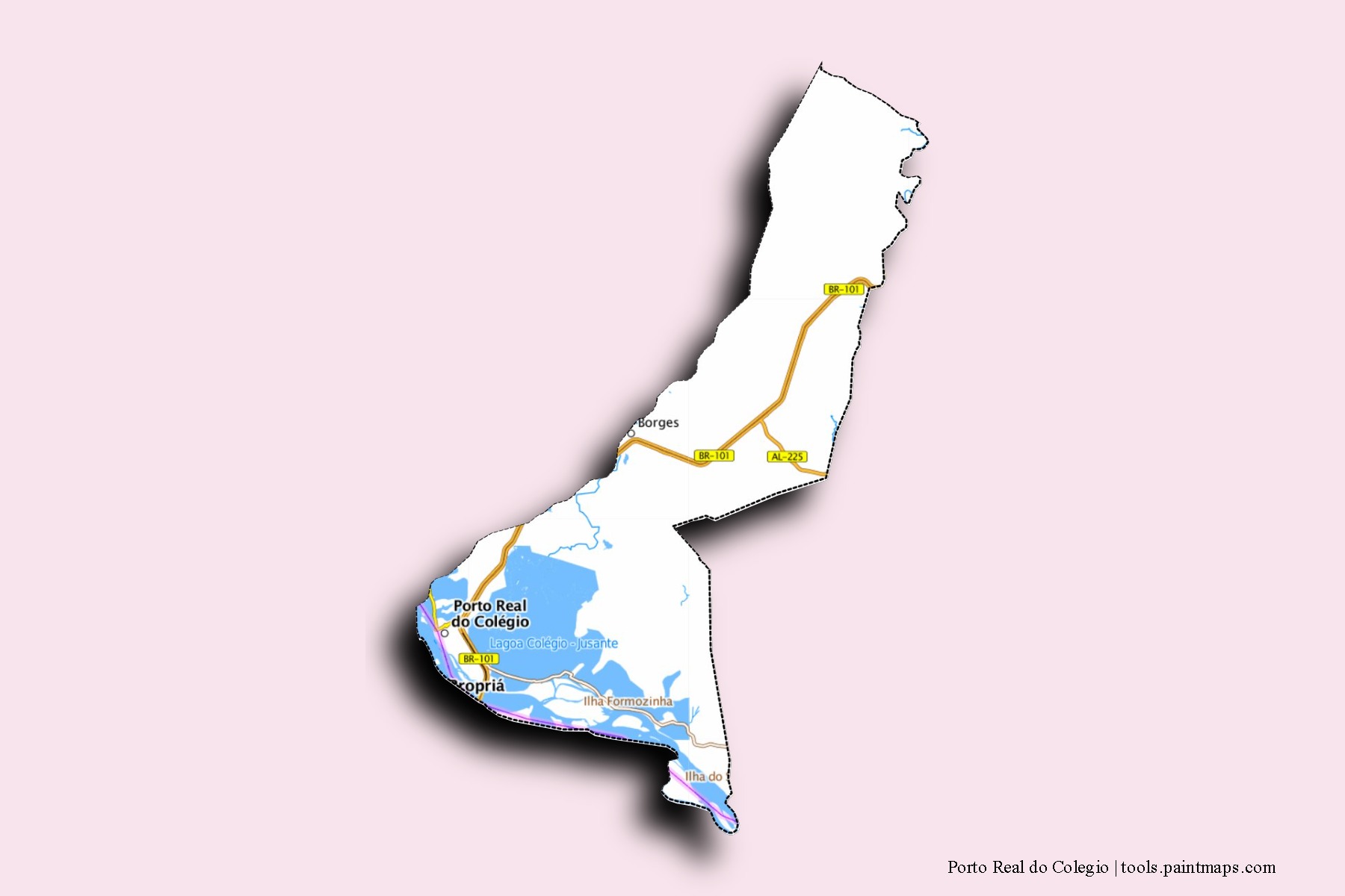 Mapa de barrios y pueblos de Porto Real do Colegio con efecto de sombra 3D