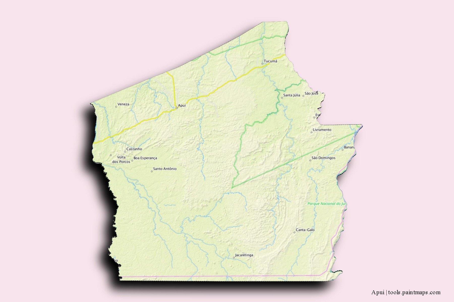 Mapa de barrios y pueblos de Apui con efecto de sombra 3D