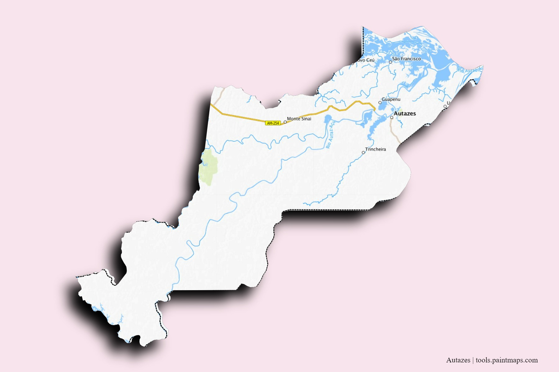 Mapa de barrios y pueblos de Autazes con efecto de sombra 3D