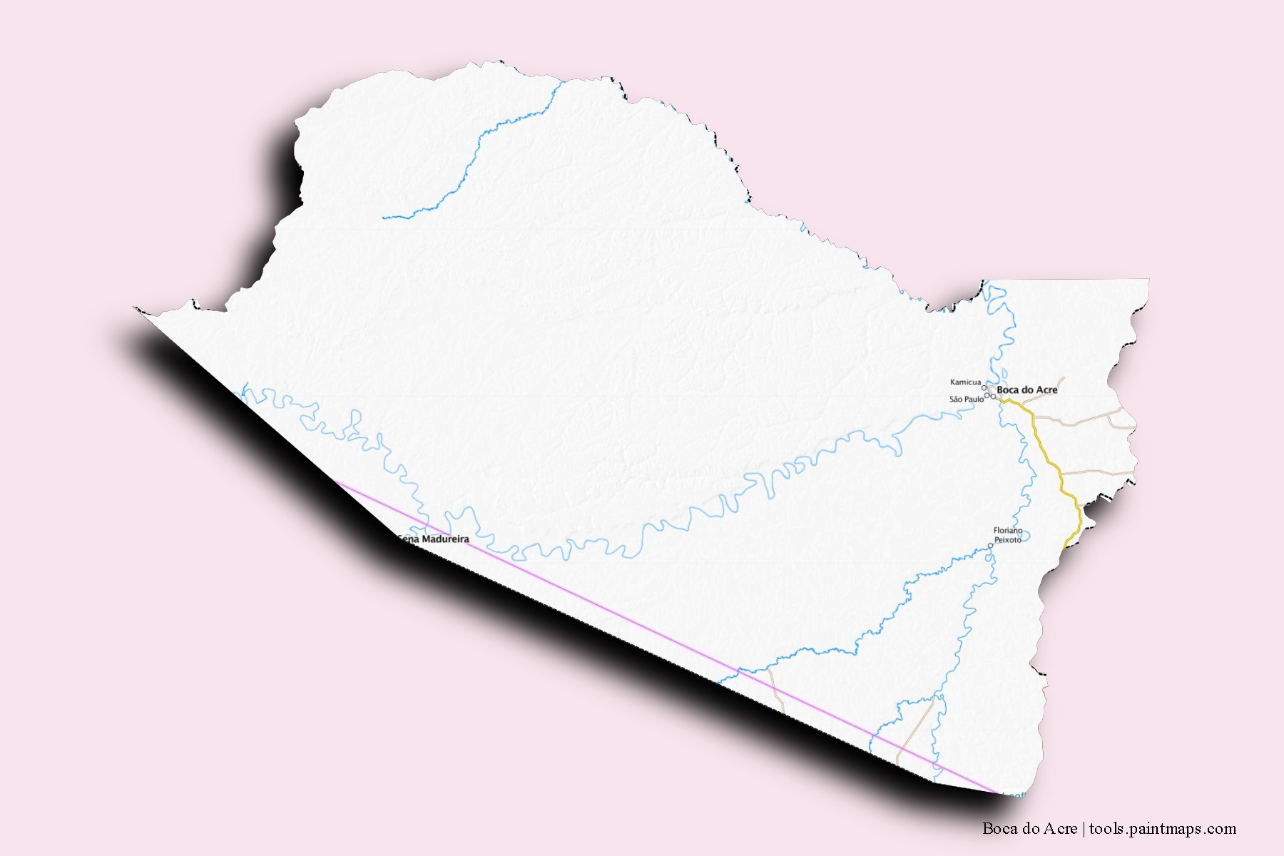 Mapa de barrios y pueblos de Boca do Acre con efecto de sombra 3D