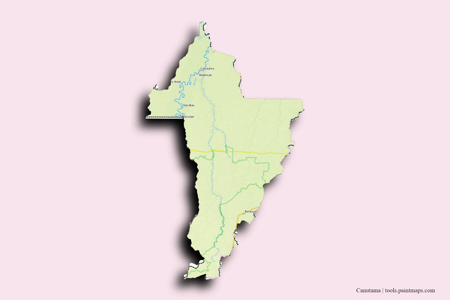 Mapa de barrios y pueblos de Canutama con efecto de sombra 3D