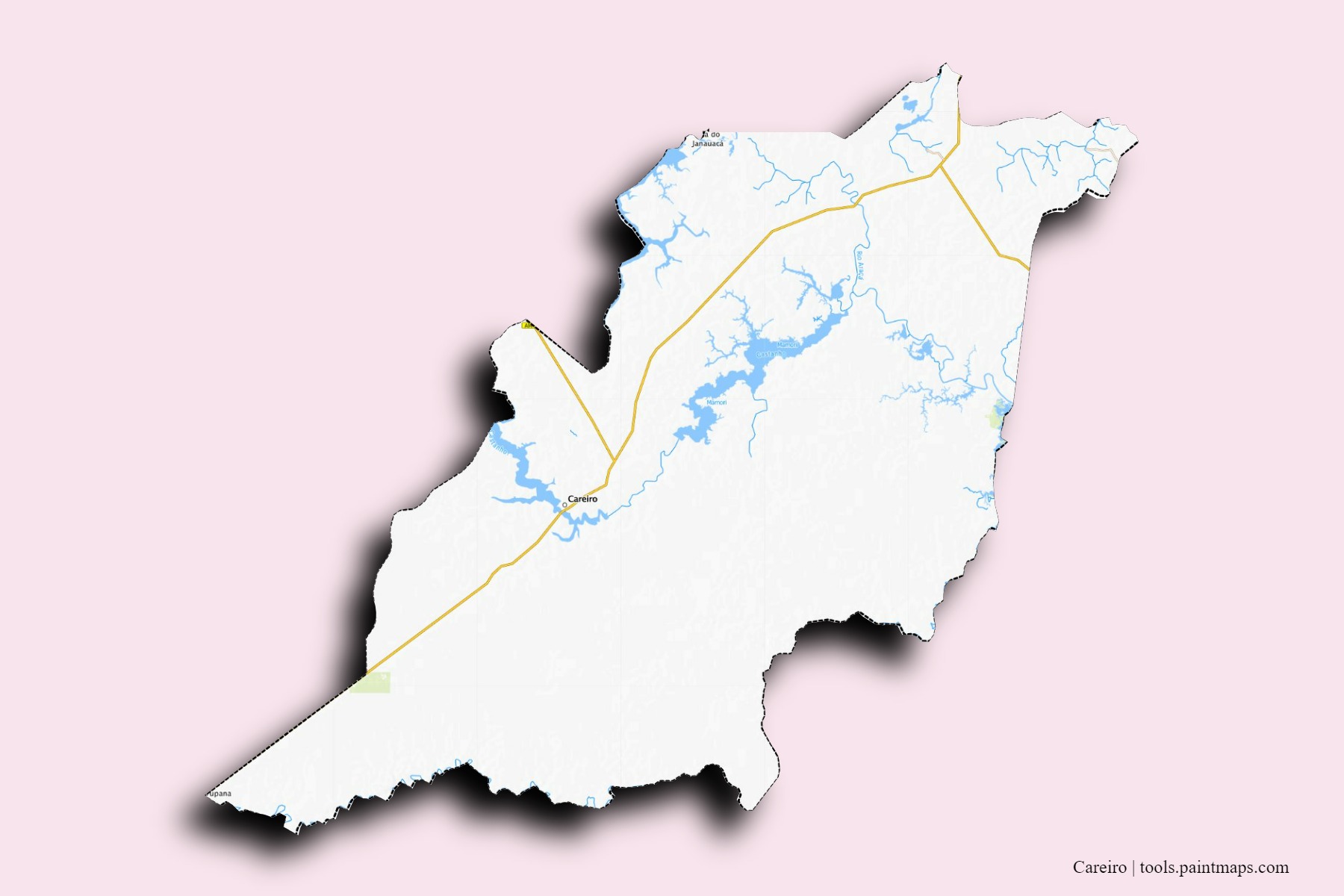 Mapa de barrios y pueblos de Careiro con efecto de sombra 3D