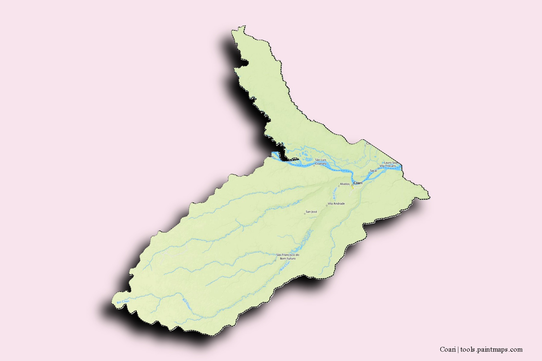 Mapa de barrios y pueblos de Coari con efecto de sombra 3D