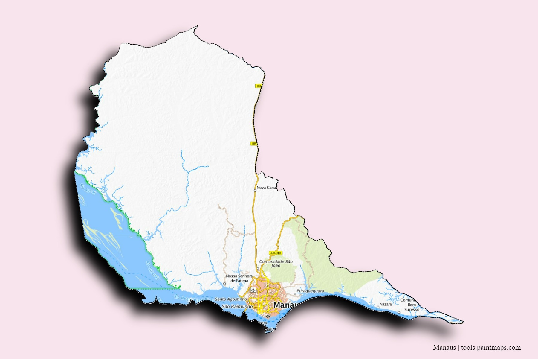 Manaus neighborhoods and villages map with 3D shadow effect