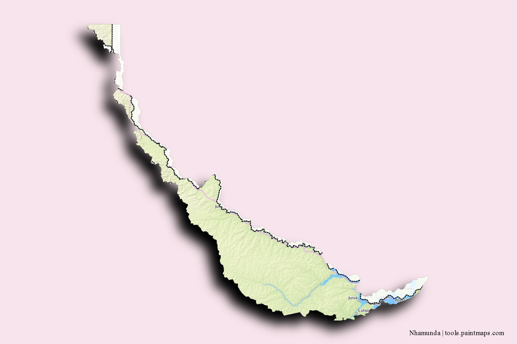 Mapa de barrios y pueblos de Nhamunda con efecto de sombra 3D