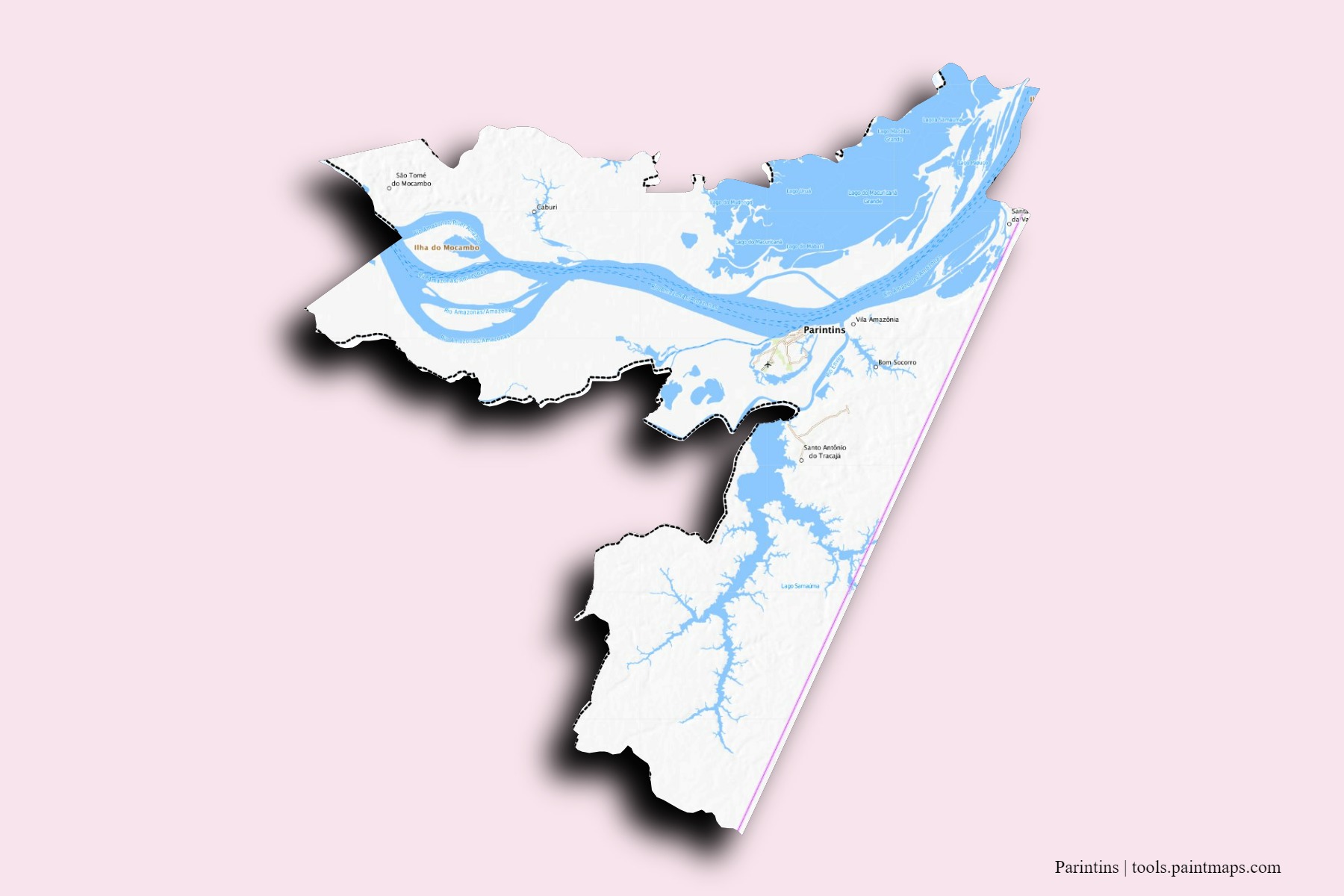 Parintins neighborhoods and villages map with 3D shadow effect