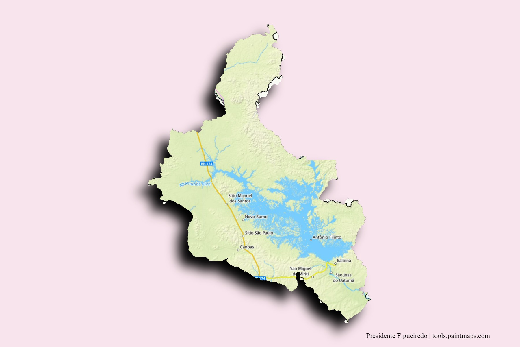 Mapa de barrios y pueblos de Presidente Figueiredo con efecto de sombra 3D