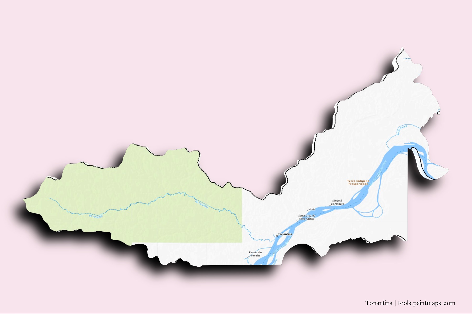 Tonantins neighborhoods and villages map with 3D shadow effect