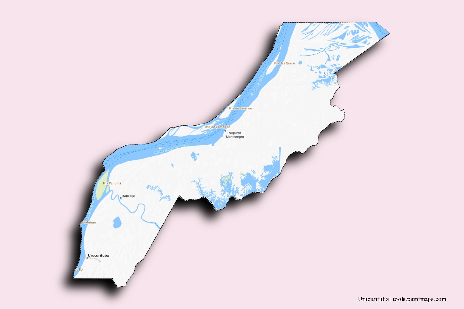 Mapa de barrios y pueblos de Urucurituba con efecto de sombra 3D