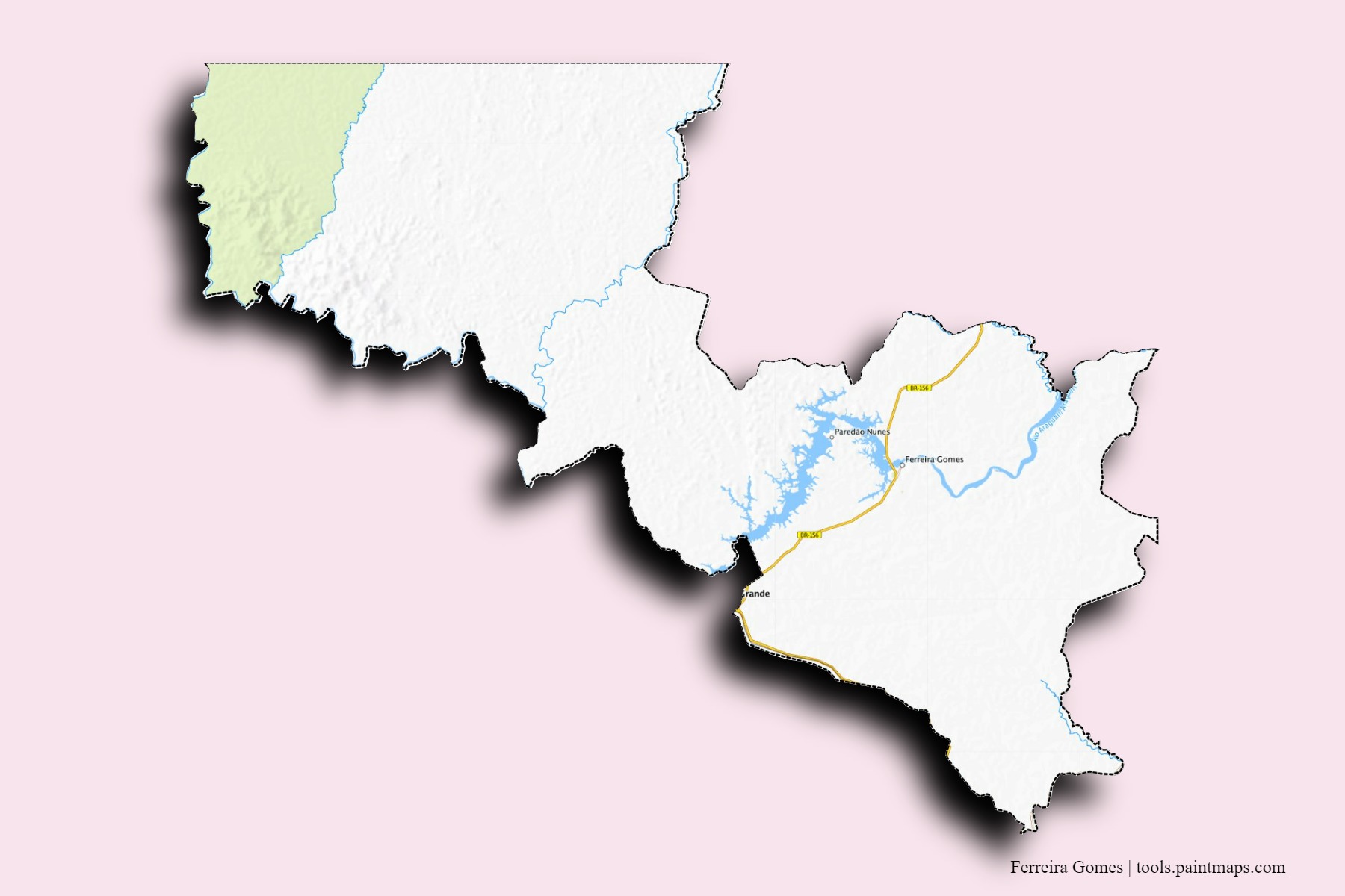 Mapa de barrios y pueblos de Ferreira Gomes con efecto de sombra 3D