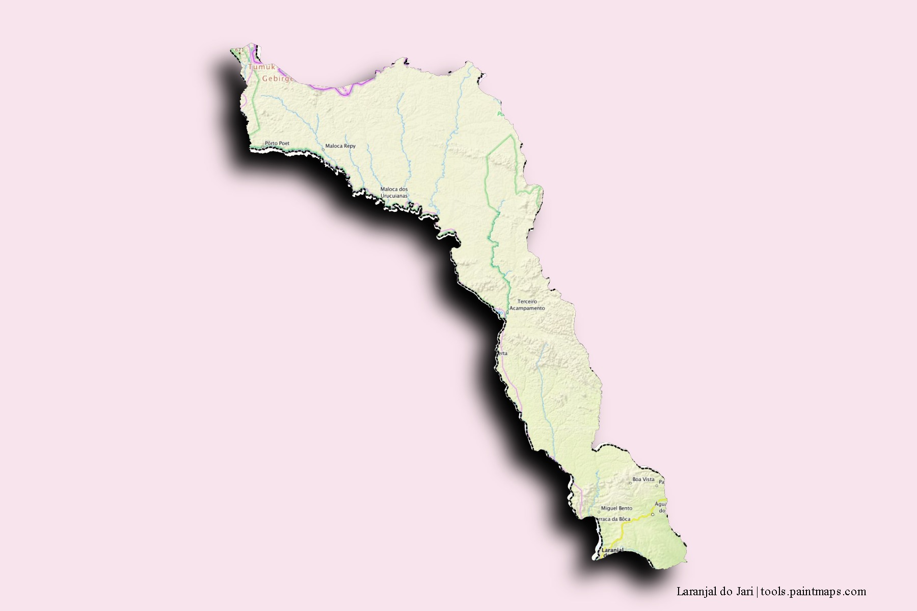 Mapa de barrios y pueblos de Laranjal do Jari con efecto de sombra 3D