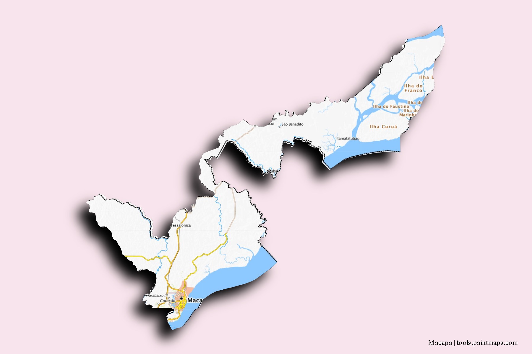 Macapa neighborhoods and villages map with 3D shadow effect