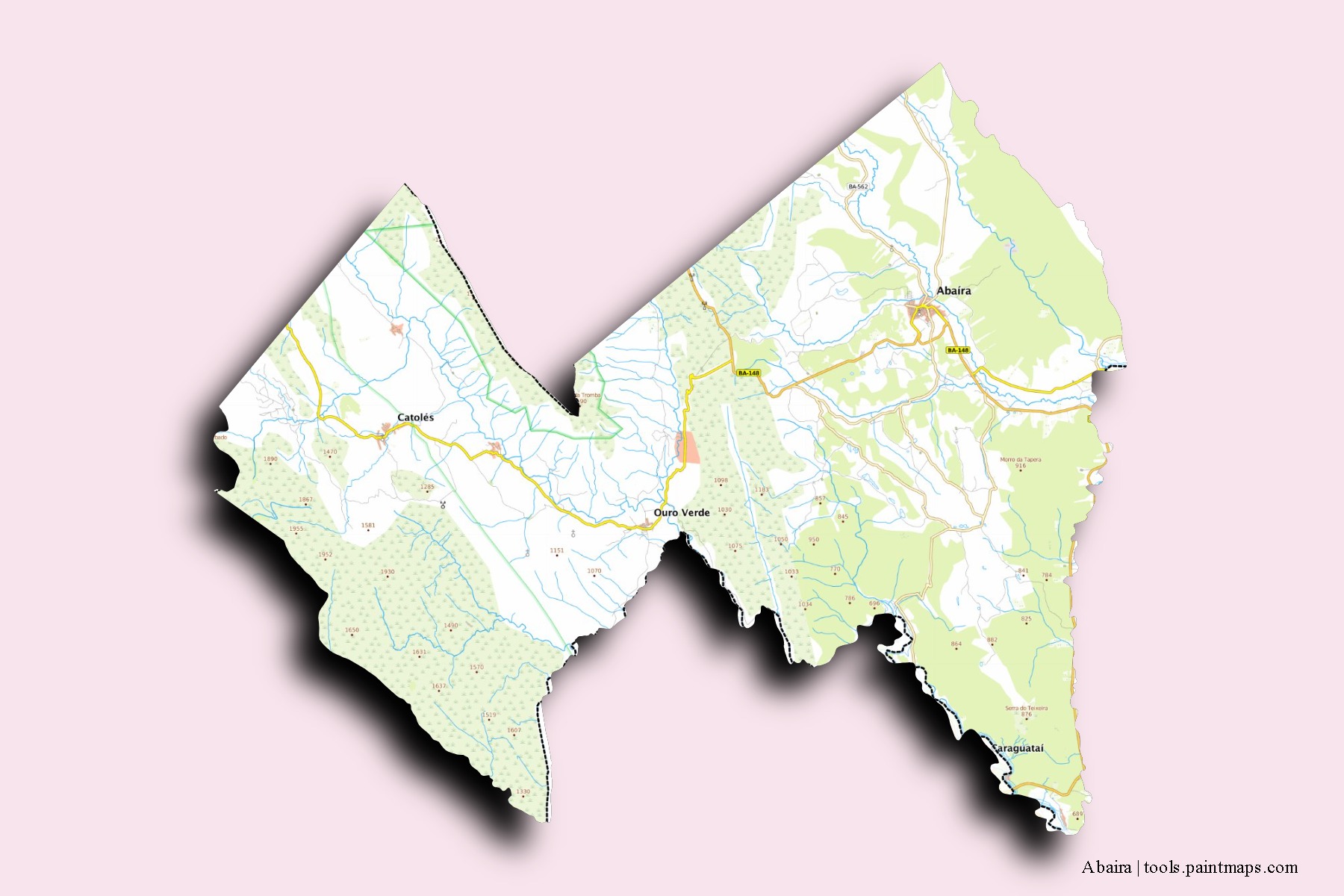 Mapa de barrios y pueblos de Abaira con efecto de sombra 3D