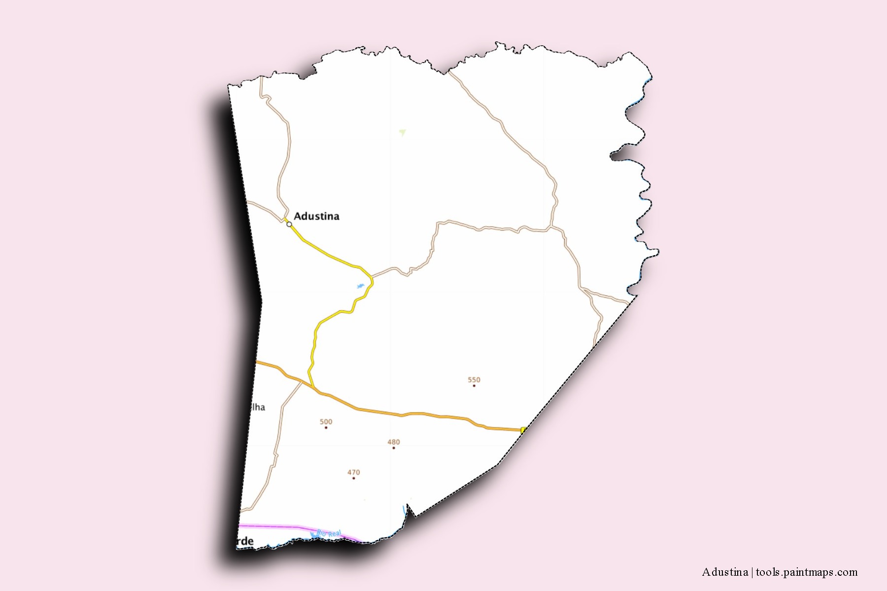 Mapa de barrios y pueblos de Adustina con efecto de sombra 3D