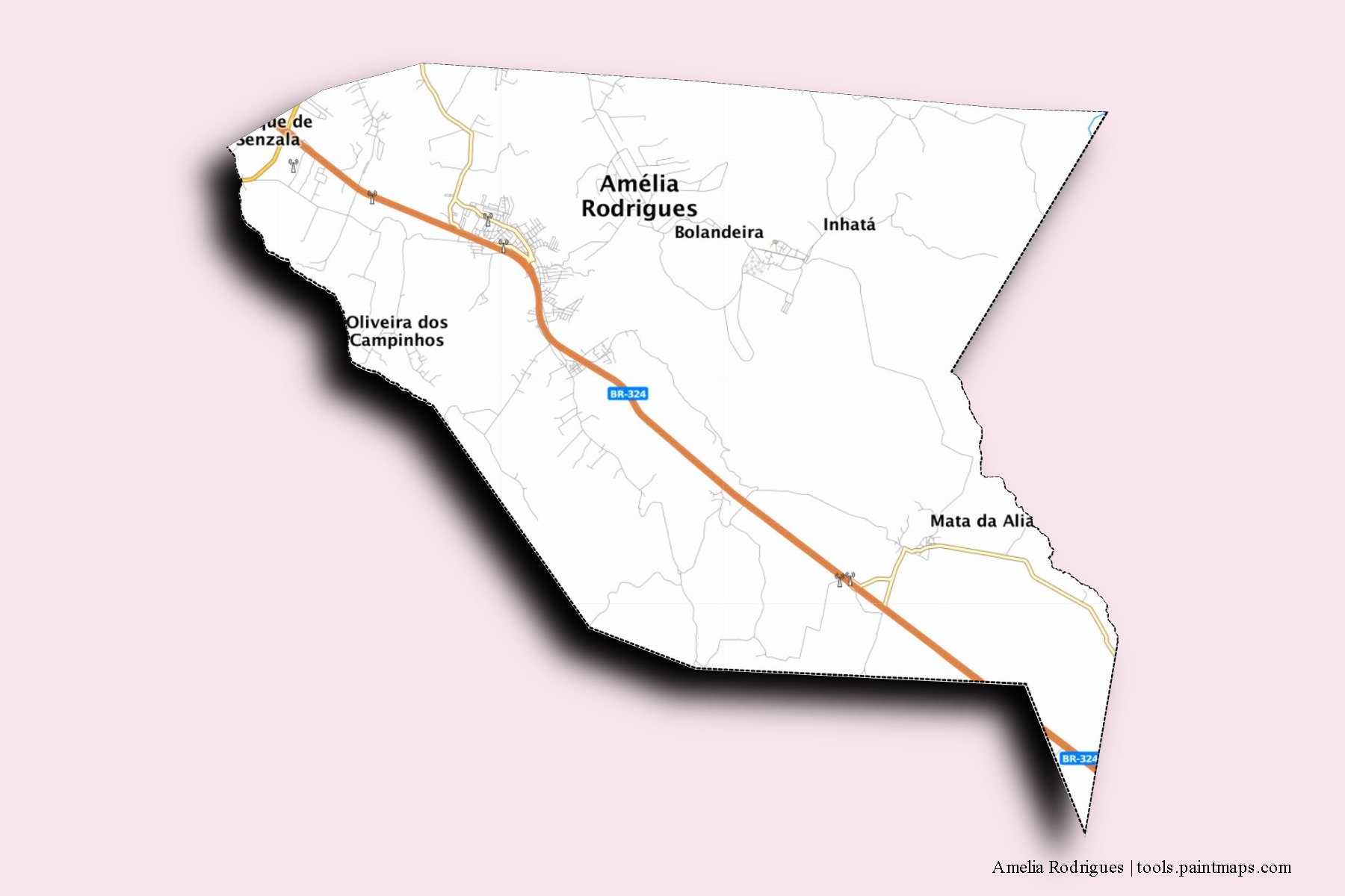 Mapa de barrios y pueblos de Amelia Rodrigues con efecto de sombra 3D