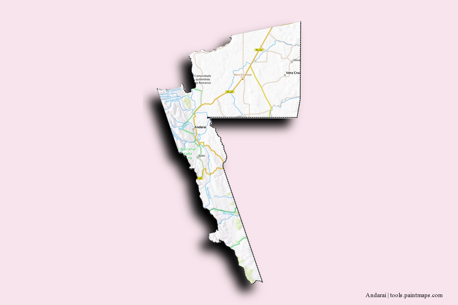 Mapa de barrios y pueblos de Andarai con efecto de sombra 3D