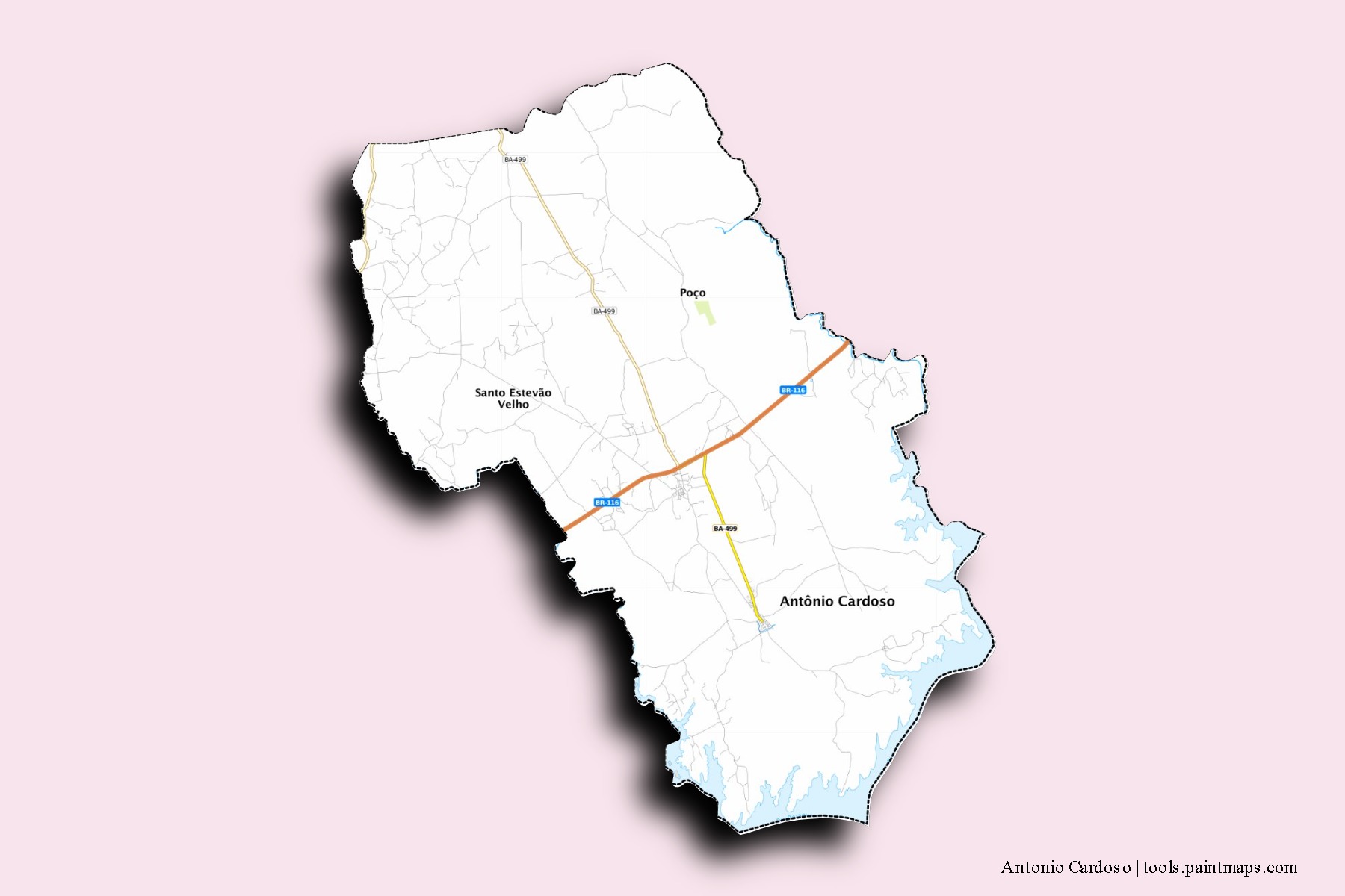 Mapa de barrios y pueblos de Antonio Cardoso con efecto de sombra 3D