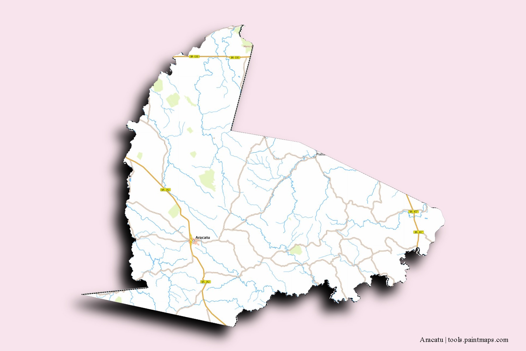 Mapa de barrios y pueblos de Aracatu con efecto de sombra 3D