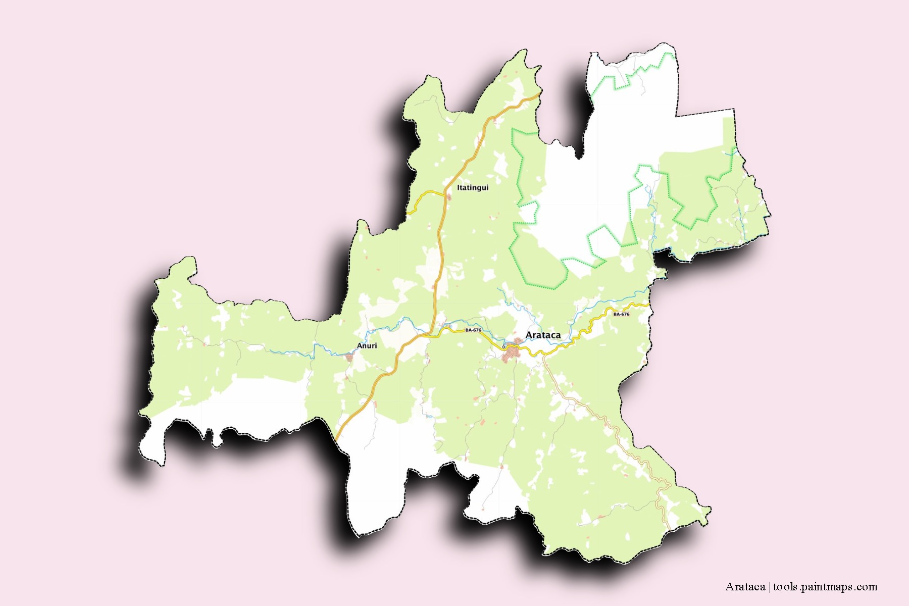 Mapa de barrios y pueblos de Arataca con efecto de sombra 3D