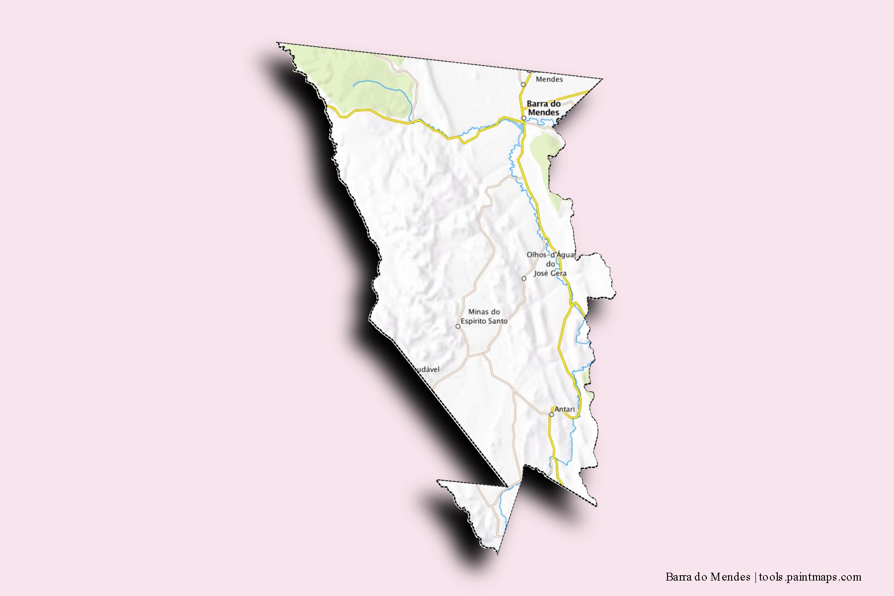 Mapa de barrios y pueblos de Barra do Mendes con efecto de sombra 3D