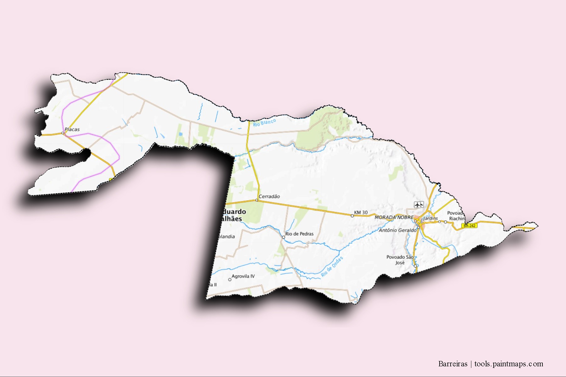 Mapa de barrios y pueblos de Barreiras con efecto de sombra 3D