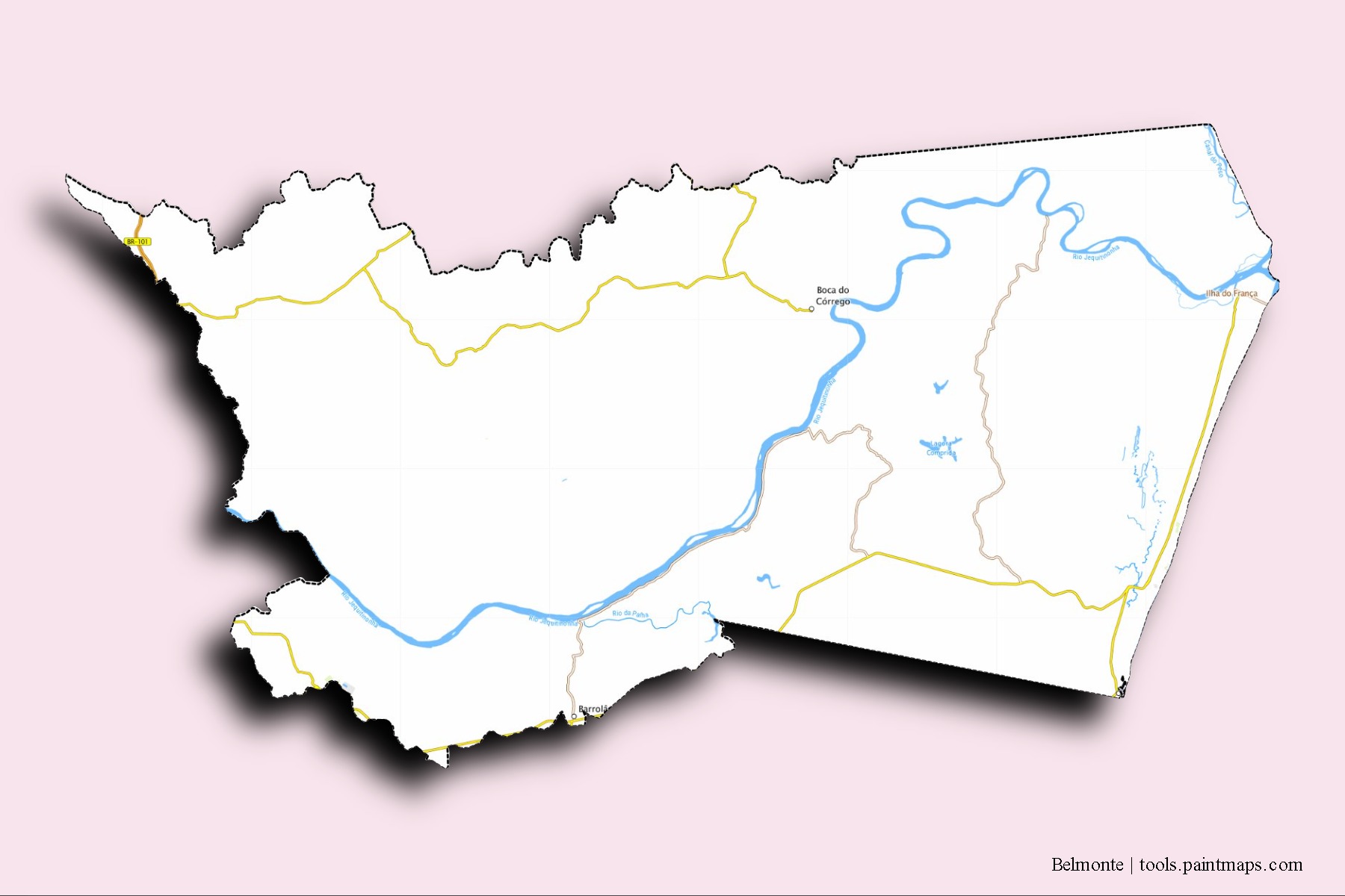 Mapa de barrios y pueblos de Belmonte con efecto de sombra 3D