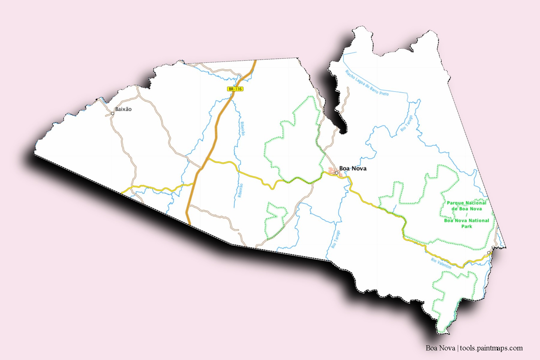 Mapa de barrios y pueblos de Boa Nova con efecto de sombra 3D