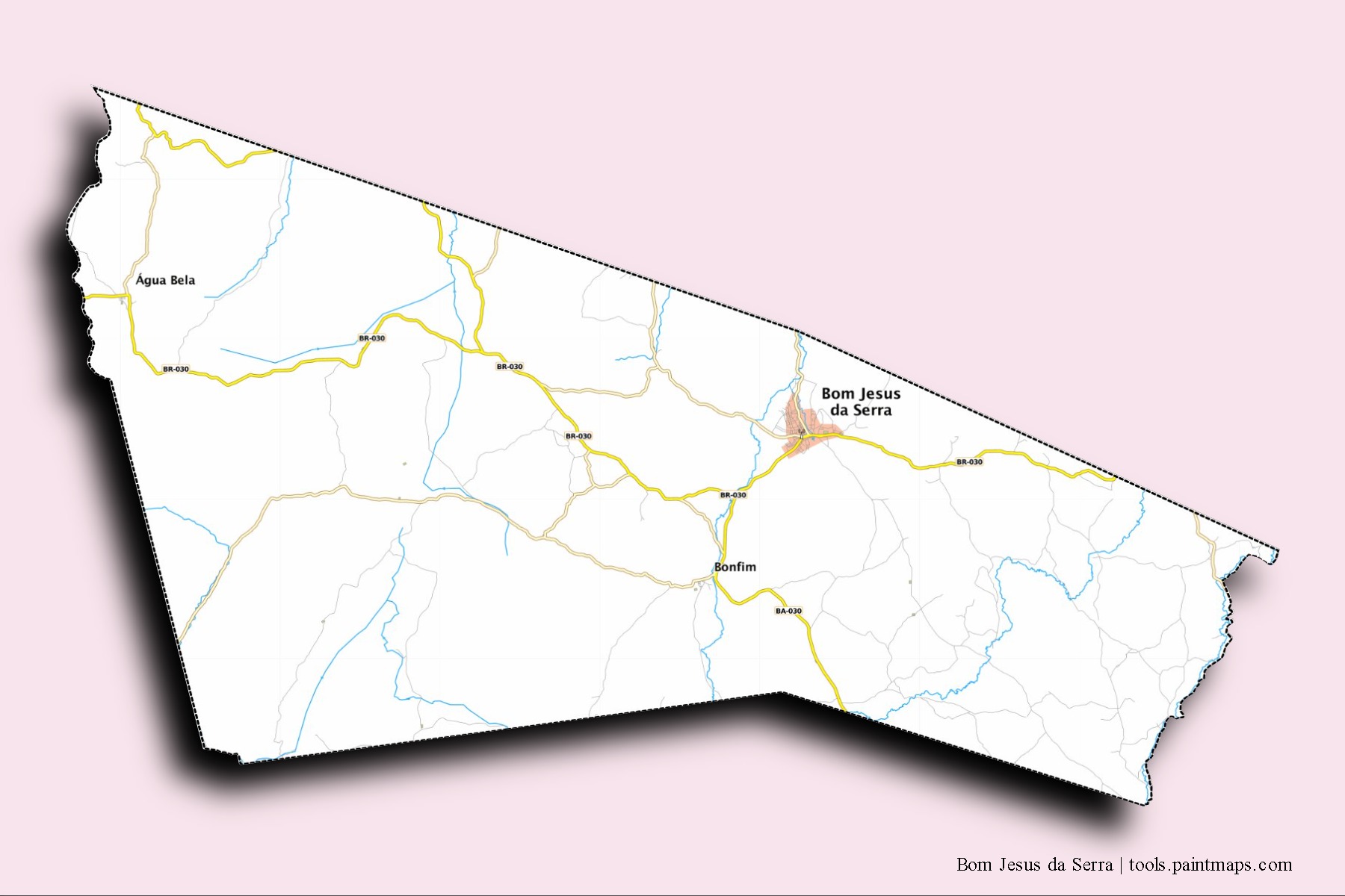 Mapa de barrios y pueblos de Bom Jesus da Serra con efecto de sombra 3D